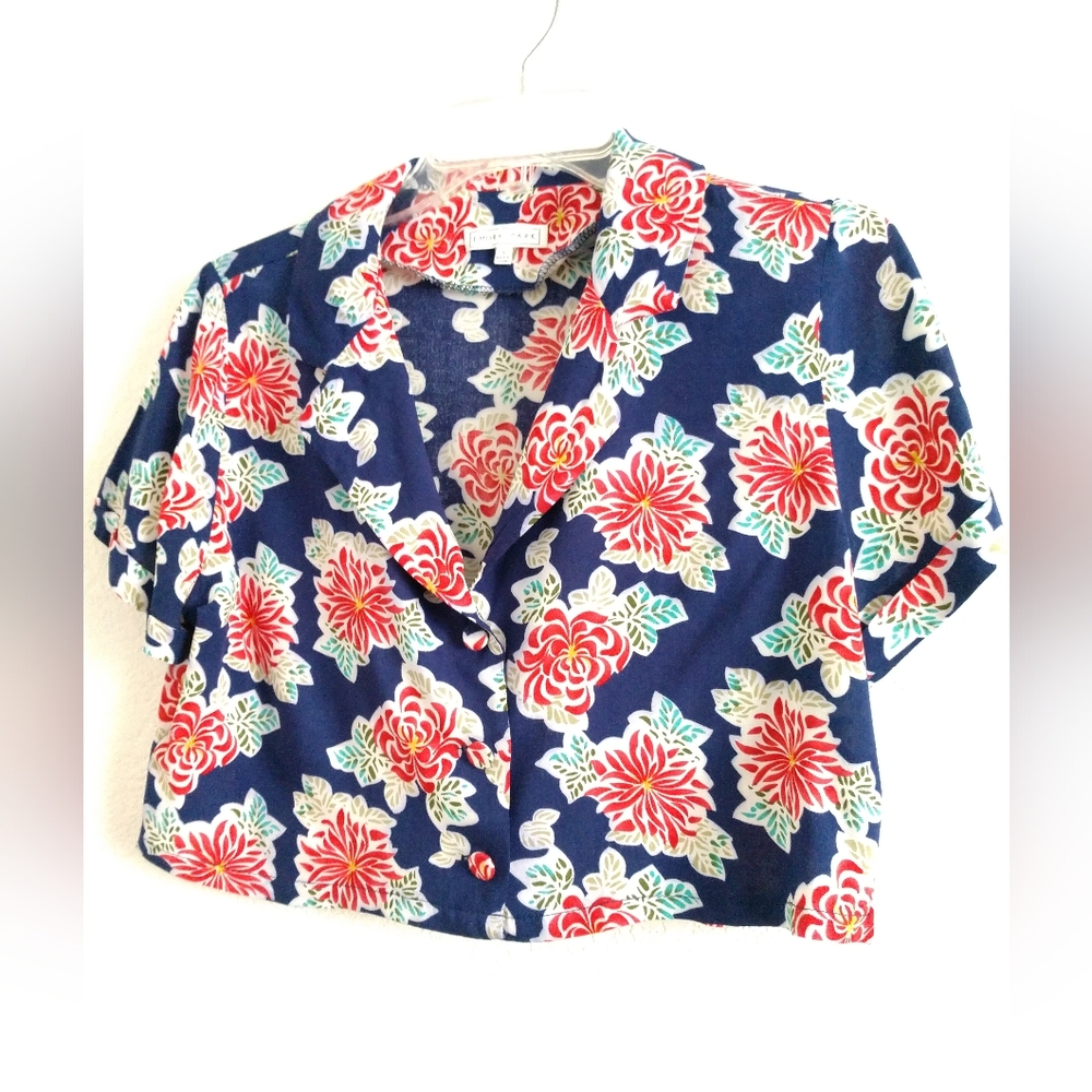 Cute Emory Park Cropped Crop Floral Shirt Short Sleeve Blue Red SMALL Chest 34"